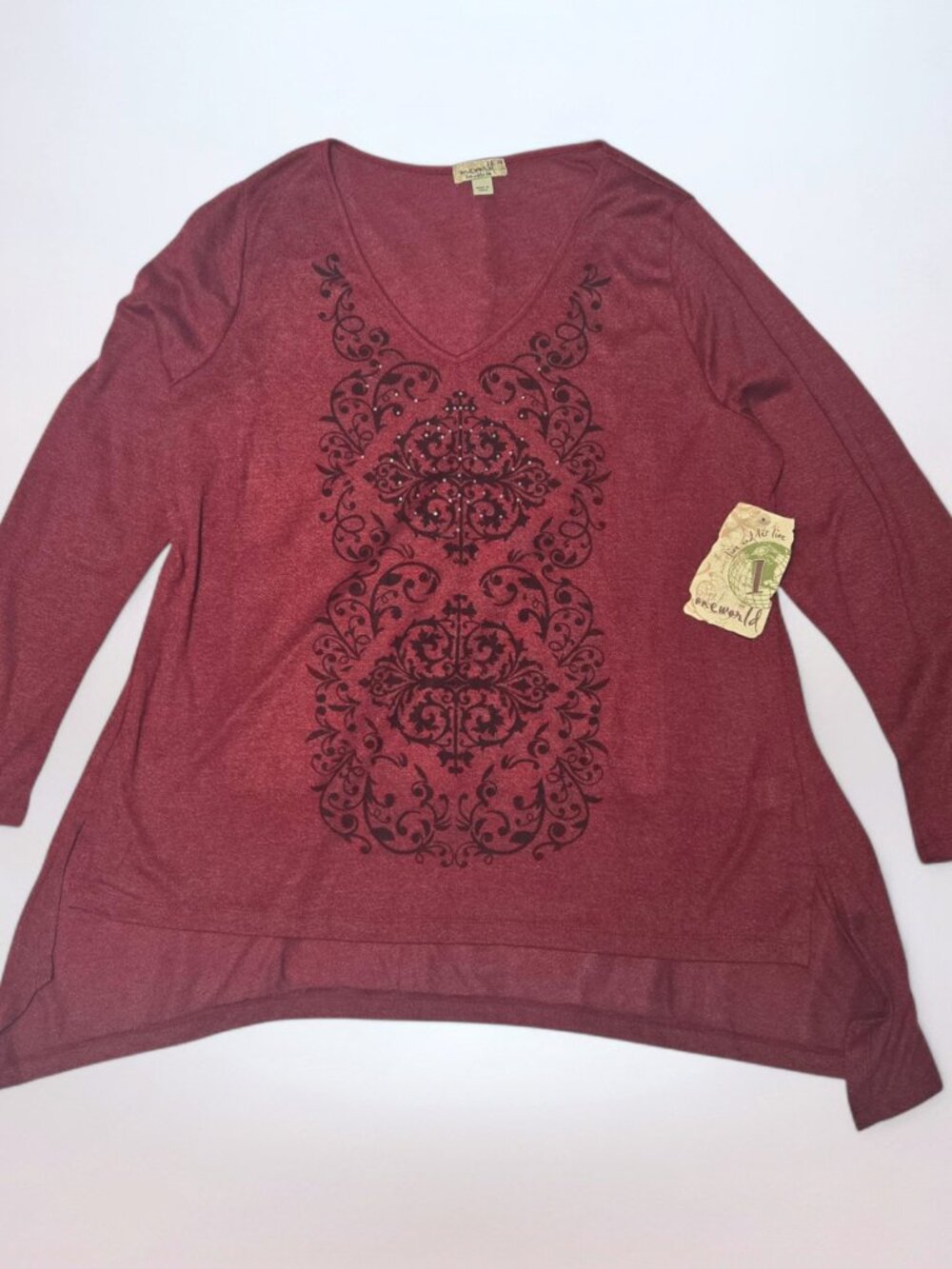 Vintage Y2K Oneworld Burgundy Long Sleeve V-Neck Tunic Top (3X)